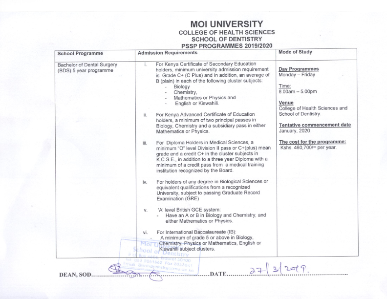 Dentistry Moi University PSSP 2019 2020 001